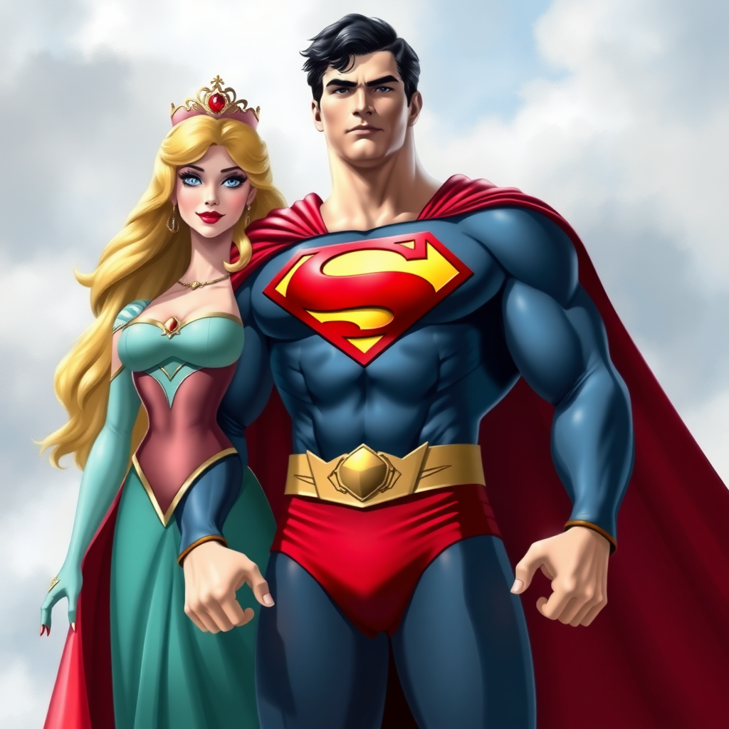 Generate a full-length image of Superman incorporating the body traits of Princess Aurora. Retain his core costume but incorporate embellishments and elements from Aurora's attire. The background should be a setting appropriate for both characters.