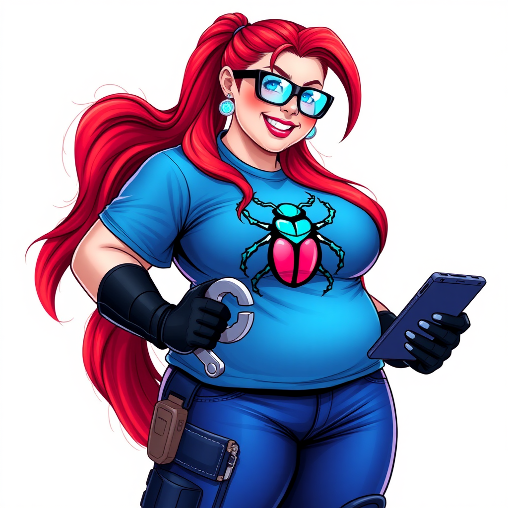 A 28-year-old, full-figured computer hacker and tech wiz girlfriend of a cyberpunk vigilante. Her long ponytail of ruby red hair, and striking, bright blue eyes make her stand out. Her prominent, round, wrecking ball-sized midsection, sequoia-sized limbs, and broad shoulders define her full figure, which has been heavily pampered by her doting boyfriend. Her nerdiness is blatantly obvious, and she serves as her boyfriend’s tech expert.

As the loyal and supportive sidekick, she plays a crucial role in their missions, using her digital and technological prowess to assist and protect. She wears an oversized maximum blue t-shirt adorned with a maximum turquoise beetle chest icon, black oversized eyeglasses, matching maximum blue biker pants, and black high-tech gloves. She beams with a neon red blush, holding a futuristic wrench and a digital holographic tablet. She is on a solid white background. She is drawn as if she was in a retro 2D cyberpunk fighting game.