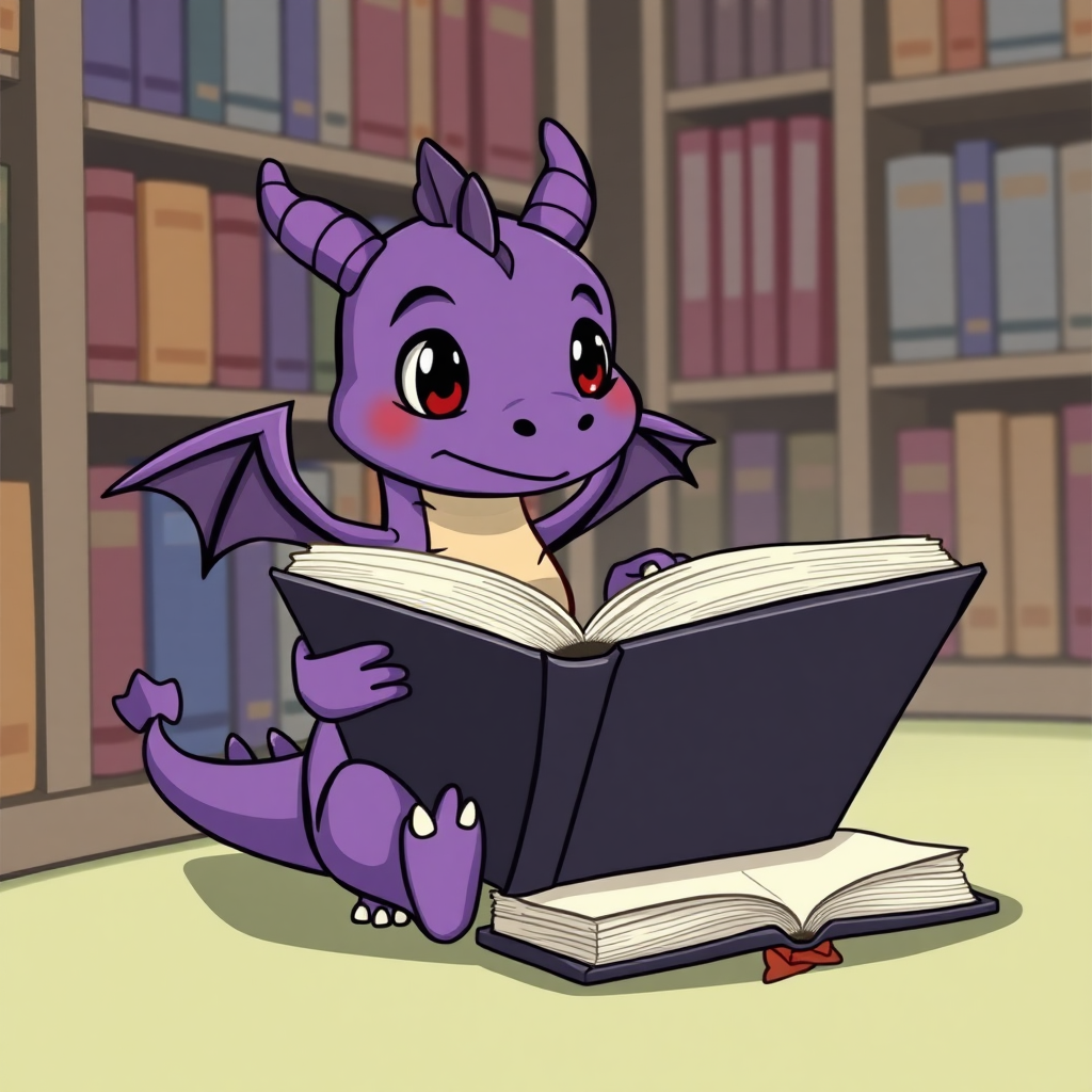 A cartoon bored purple small dragon with two legs, two arms, black eyes with red pupils and wings in a library reading from a large book that is sitting on the ground beside him.