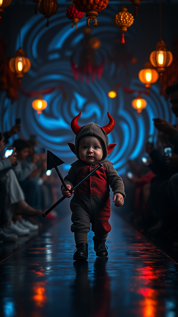 Create an eerie yet captivating scene featuring a small, 7 month old chubby baby-like devil with pink lips, pink cheeks, and fair color, walking confidently down a dark runway, surrounded by spectators. The devil wears a costume romper and the cap has red horns, holding a sharp stick.

The background features swirling, abstract light patterns in blue, orange, and yellow hues, creating a surreal and unsettling atmosphere. The audience, dimly lit on either side, holds up their phones and cameras to capture the moment, but their faces are mostly obscured in the shadow, adding to the mysterious mood. Overhead, several more colorful lights and hanging decorations give a circus-like vibe, but the overall tone is more eerie than playful. The ground is wet, reflecting the lights above, creating a sense of depth and texture, adding to the haunting atmosphere.