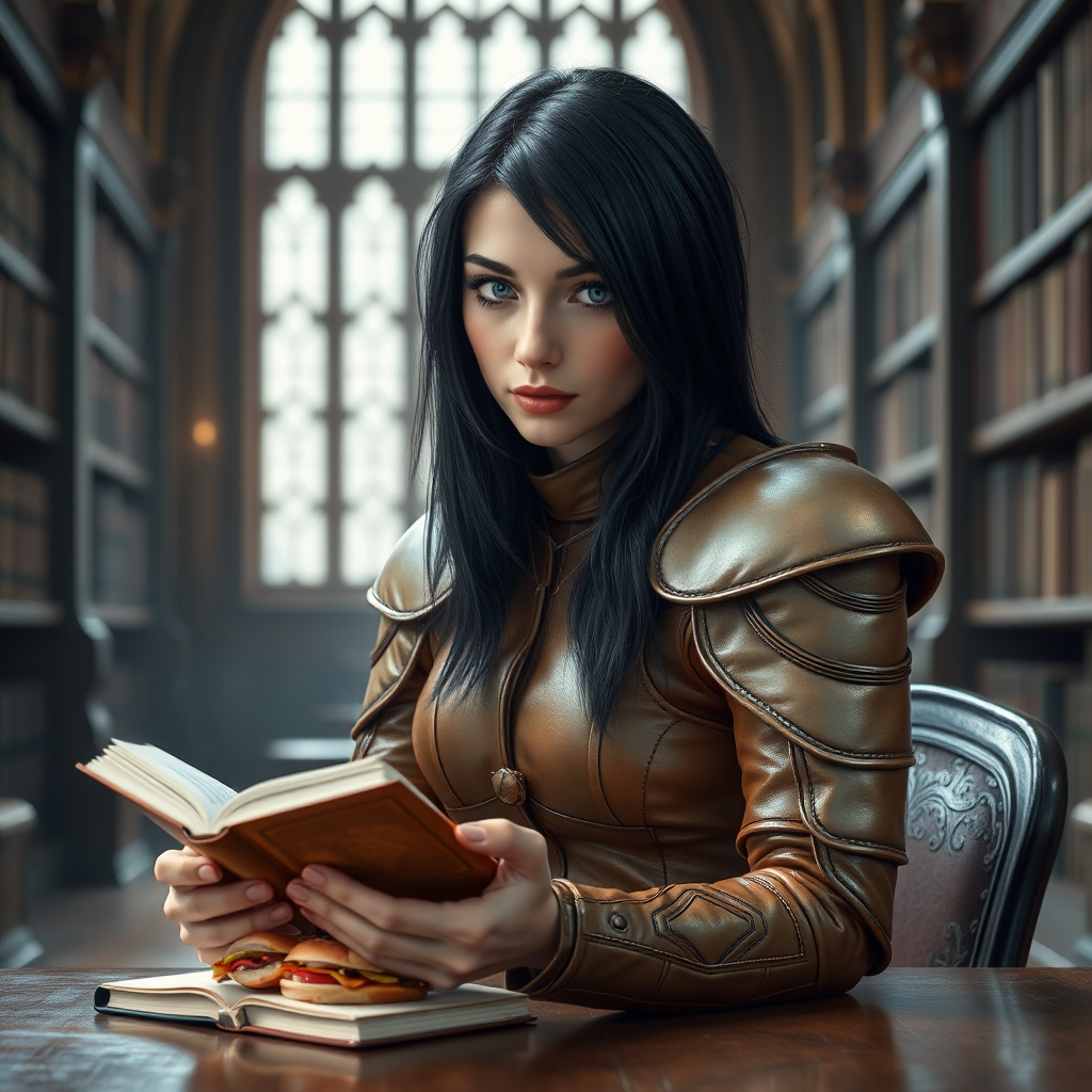 beautiful young woman, dark hair past her shoulders, blue eyes, small, slim figure, wearing full, light-brown leather armor suit, sitting, sandwich on table, reading a book, in a grand old library.