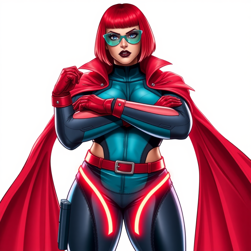 A 26-year-old, heavily-pampered, full-figured, mystical vigilante detective ally of her cyberpunk vigilante older brother figure with a bright red bob cut, black lipstick, and piercing bright blue eyes. She has a new non-athletic build, now highlighted by a prominent, round, gargantuan midsection (with the full emphasis on her gargantuan belly), which shows the aftermath of her pampering. Despite her new physique, she displays her usual confidence. She wears a large, high-tech, tight-fitting, maximum turquoise biker suit (accentuating her gargantuan belly), complemented by a glowing neon red cape and high-tech red gloves. Her stance is firm and resolute, arms crossed, exuding a no-nonsense attitude. Her costume reflects the influence of DC New 52 Prime Earth’s Phantom Lady, Jennifer Knight, while her pose embodies the moral ambiguity and determination reminiscent of DC’s Pax Americana’s The Question. She is on a solid white background. She is drawn as if she was in a retro 2D cyberpunk fighting game. She is clearly non-athletic, with a focus on her full-figured physique. Her belly is fully bloated to emphasize her non-athletic figure. Make sure that her biker suit covers all of her bare skin (especially her gargantuan midsection).