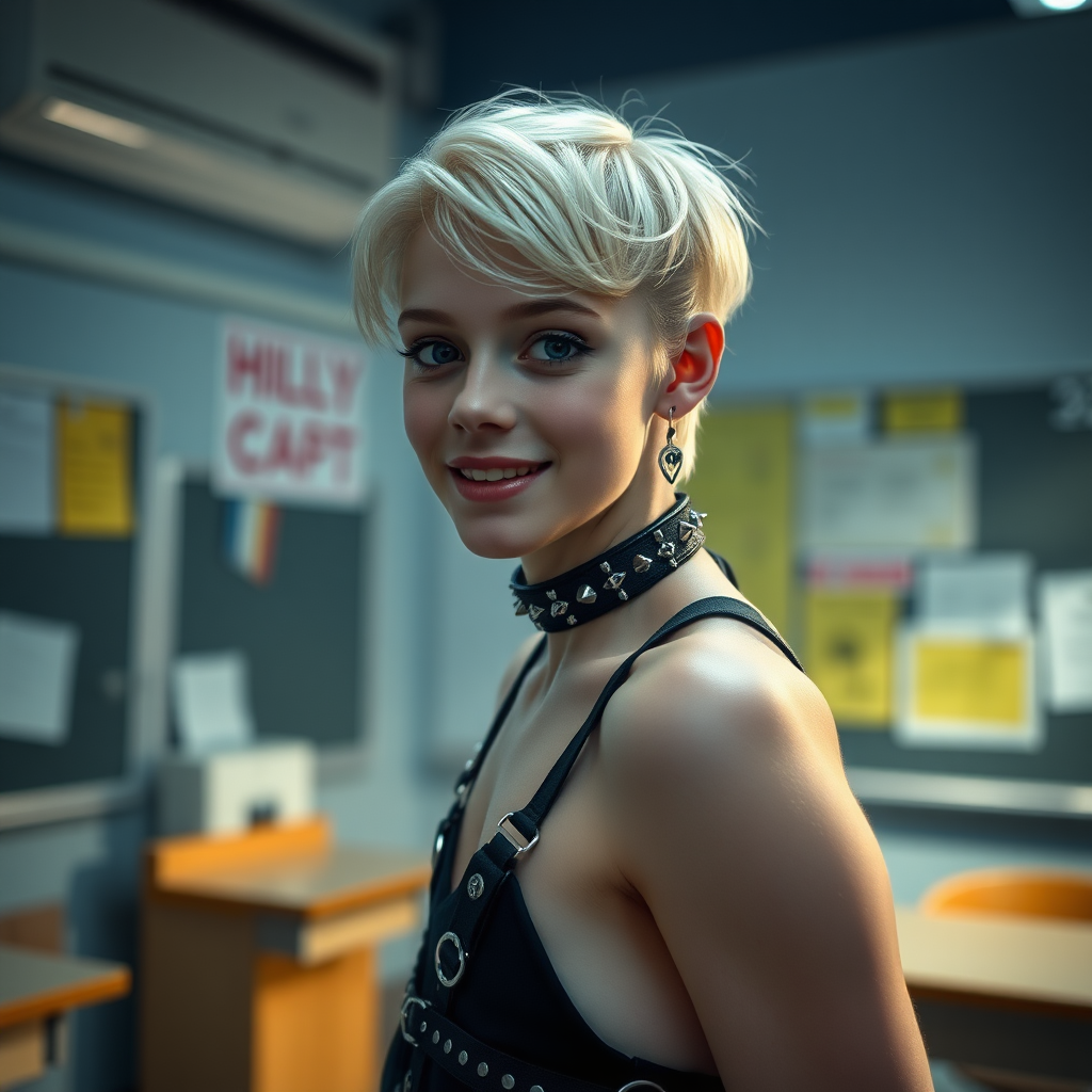 photorealistic, ultra high resolution, 16K, surreal fantasy, studio lighting, a pretty 16 year old goth boy, slim male physique, short blonde hair, goth makeup, earrings, pantyhose, harness, spikey dog collar and leash, trainer-bra, white ballet shoes, in the classroom, excited smile, facing the camera.