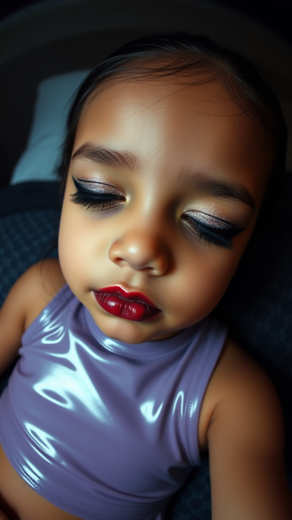 four-year-old-latina-female-child.  
She is wearing intense-glitter-eyeshadow, thick-winged-eyeliner with very-dramatic-eyeliner-wings, and dark-burgundy-glossy-lipstick.  
She is wearing a tight-glossy-latex-sleeveless-crop.  
Her mouth is closed, eyes closed.  
Fish-eye-lens, laying down in a dark motel room, amateur flash photography.