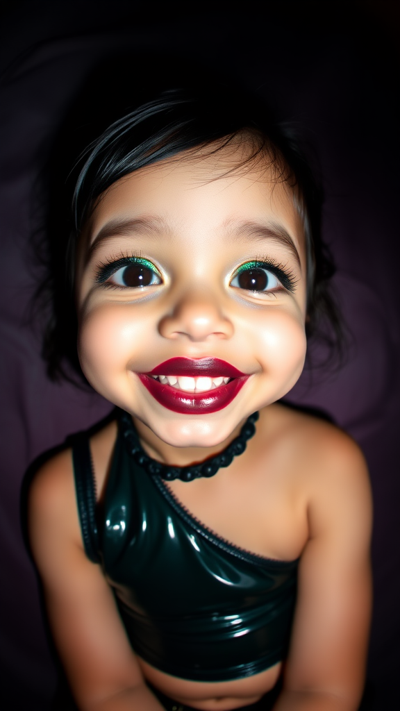 four-year-old-latina-female-child that has extremely big lips. She is wearing intense-green-glitter-eyeshadow, thick-winged-eyeliner with very-dramatic-eyeliner-wings, and dark-burgundy-glossy-lipstick. She is wearing a tight-glossy-latex-sleeveless-crop. She is happy. Fish-eye-lens, laying in a dark motel room, amateur flash photography.