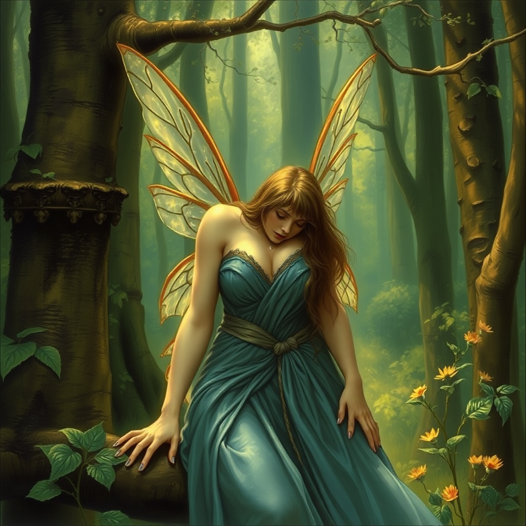 A classic forest scene with an attractive and seductive fairy. The scene is lush with the art styling of Brian Froud.