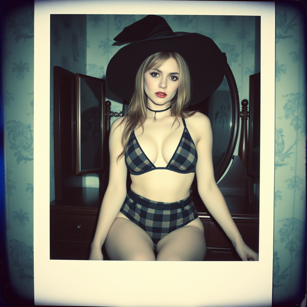 can of an old polaroid photo with heavy dark vignetting and a blue color tint to the photograph and visible light leaks. The photo depicts a sexy alt goth girl with pale skin. She has large breasts with ample cleavage and is wearing a plaid bra with triangle shaped cups. She is wearing a witch hat. The image looks hazy and grungy. She is in an old house with wallpaper on the walls. Dark lighting with camera flash used. Candid. she is wearing a tight miniskirt and a plaid thong. She is sitting on a builtin vanity with a mirror with her knees spread apart.