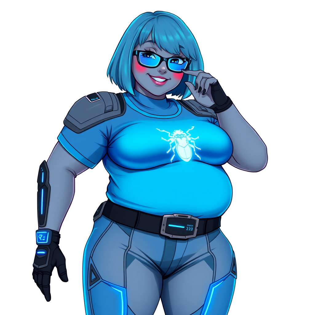 A 28-year-old, full-figured, metallic middle gray (N5) skinned computer program hybrid with a maximum blue bob cut. She has a non-athletic build, highlighted by a prominent, round, large midsection (with emphasis on her belly), which shows the effects of her new love of junk food acquired from her boyfriend. As the full-figured, nerdy, digital sidekick to her cyberpunk vigilante boyfriend, her metallic middle gray skin and maximum blue lipstick (5PB 5/12) emphasize her digital nature. Her skin has a subtle, animated glow, with digital patterns occasionally flickering across it, making her digital nature obvious. She wears a digital, computerized costume, consisting of a huge, tight-fitting, maximum blue t-shirt (5PB 5/12) with a neon blue glowing chest icon of a beetle, hi-tech shoulder pads with neon blue accents, a black hi-tech belt with a digital neon blue glowing buckle, digital maximum blue biker pants (5PB 5/12) with neon blue accents, and black hi-tech fingerless biker gloves with neon blue glowing accents. Her neon blue glowing eyes, black eyeglasses with neon blue glowing lenses equipped with a built-in HUD, and bashful smile with neon red blush accentuate her nerdiness. She stands bashfully with one hand behind her back and the other hand gently touching her cheek, her costume covering all her skin and emphasizing her full-figured physique (especially her belly). She is clearly non-athletic, with a focus on her full-figured physique. Despite her build, she radiates beauty. She has a slim face compared to her physique, accentuating her radiant beauty. She is on a solid white background. She is drawn as if she were in a retro 2D cyberpunk fighting game.