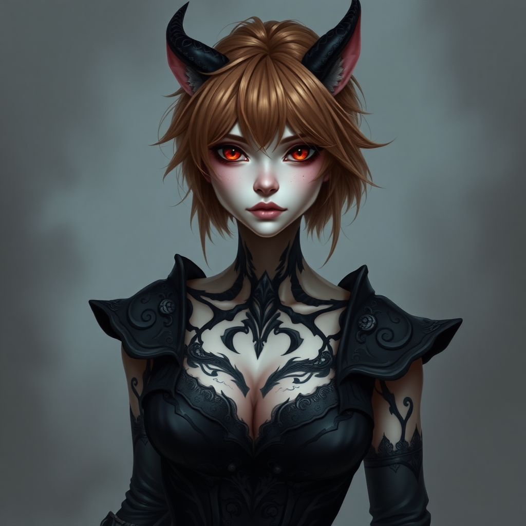 Female fantasy creature, humanoid with a few demonic and draconic features. Small pointed ears, slightly backward-curving horns on head. Cat-like eyes with bright red irises and black eyeball. Pale skin with black, scale-like or tattoo-like patterns on neck and shoulders and body. Athletic, feminine build with subtle curves. Light brown, medium-length tousled hair. Dark, intricate antique clothing of a bureaucrat with a feminine silhouette. Mystical, ethereal atmosph.