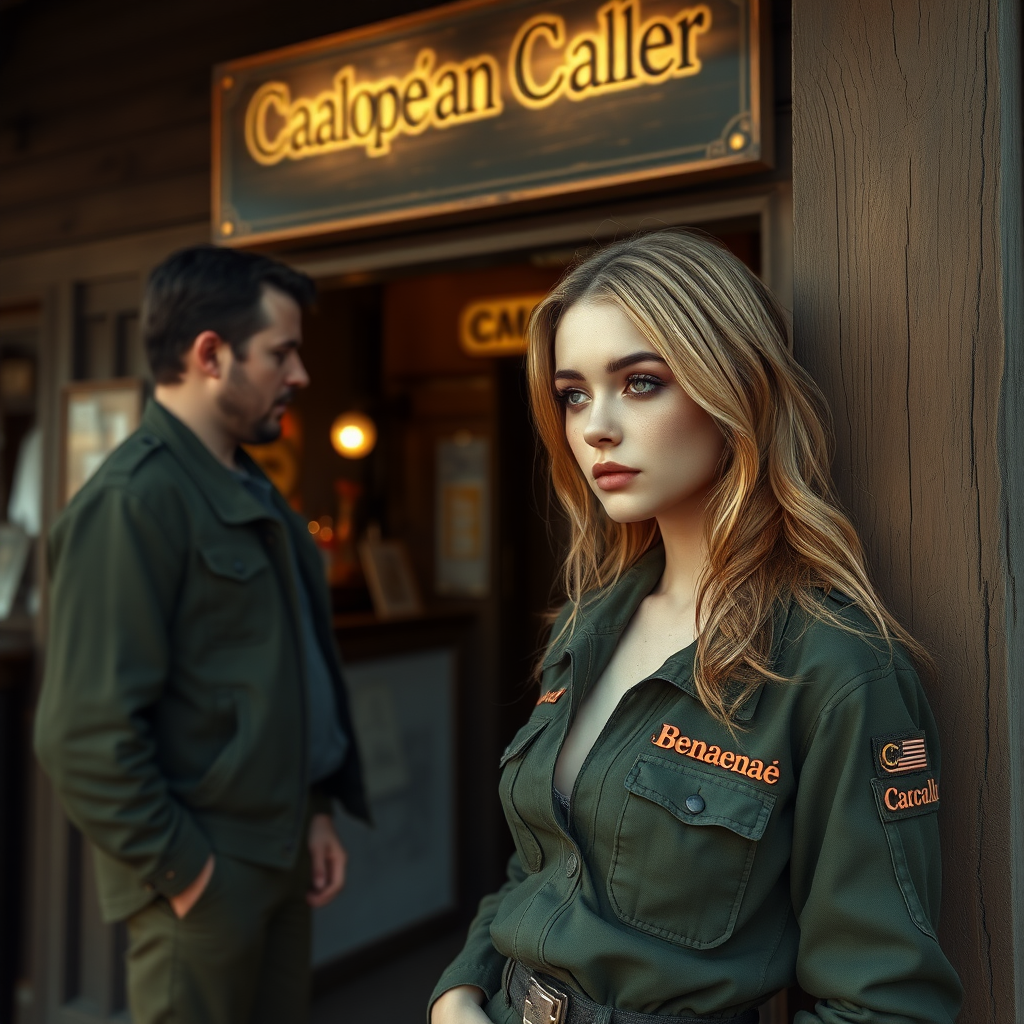 A twenty-something girl resembling Ana de Armas, strawberry blonde hair, small chest, pale skin, freckles, eyeshadow like Avril Lavigne. Wearing a military flightsuit with "Benaenae" on the pocket. Leaning against the wall in front of a bar in a science fiction western town. Talking with a tall man. Sign with the words "Canopean Catcaller" above the door.