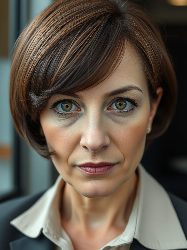 mature secretary, short brown bobcut, swept bang, brown piercing eyes, thick dark eyebrows, big nose, big mouth, big yellowish teeth, moles, skin imperfections, youthful, severe expression