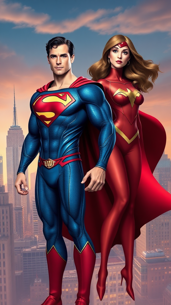 Create a full-length image of Superman using the female body structure of Elastigirl while retaining the original head, hairstyle, and facial features. Maintain Superman's iconic costume, adding unique embellishments to fit the new proportions. The background should blend elements inspired by both characters, featuring a city skyline with a vibrant and whimsical atmosphere. Capture the essence of strength and heroism, merging Superman's iconic traits with Elastigirl's dynamic style.