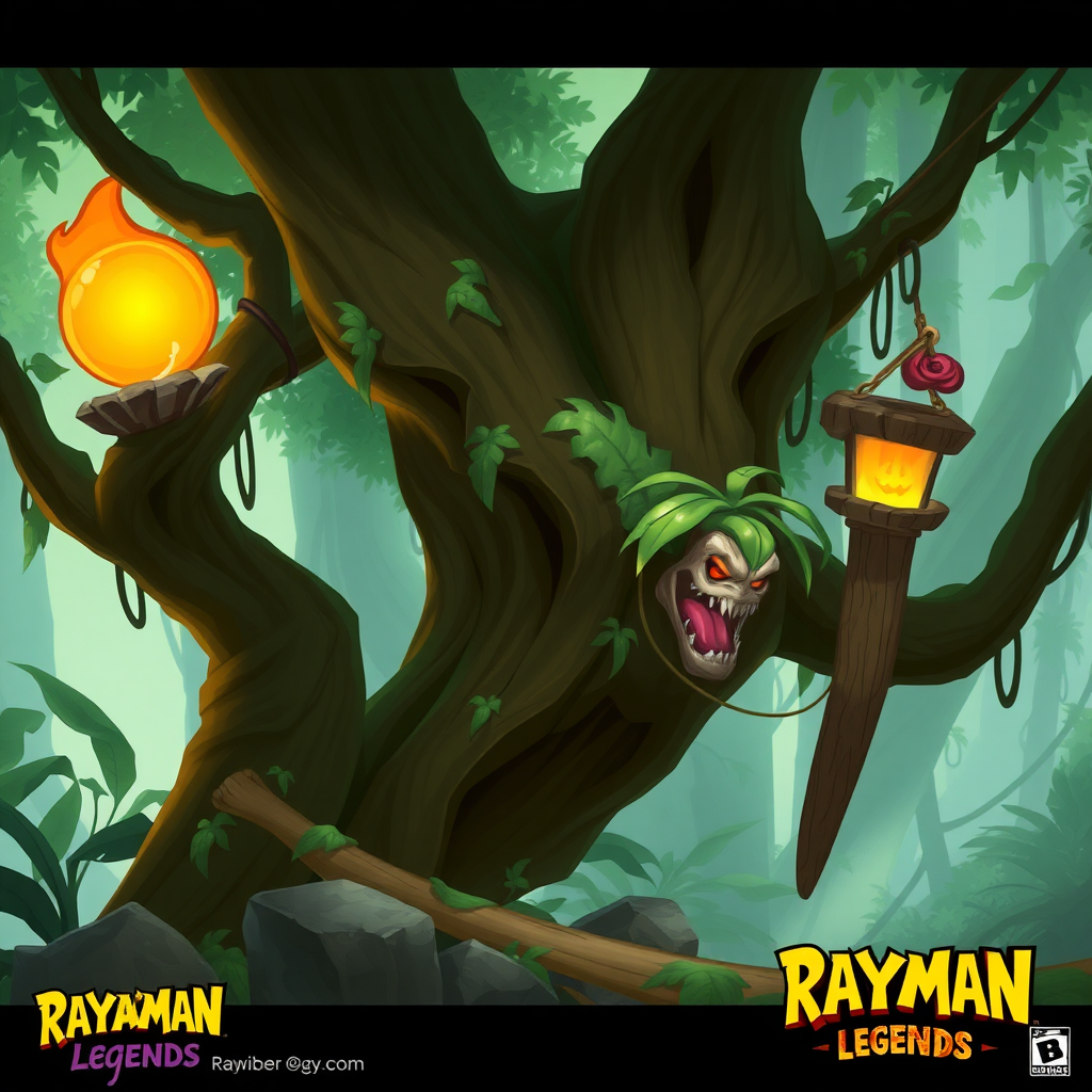 jungle assets concept art, rayman legends style, image must be with no background, high resolution, image must contain only jungle assets