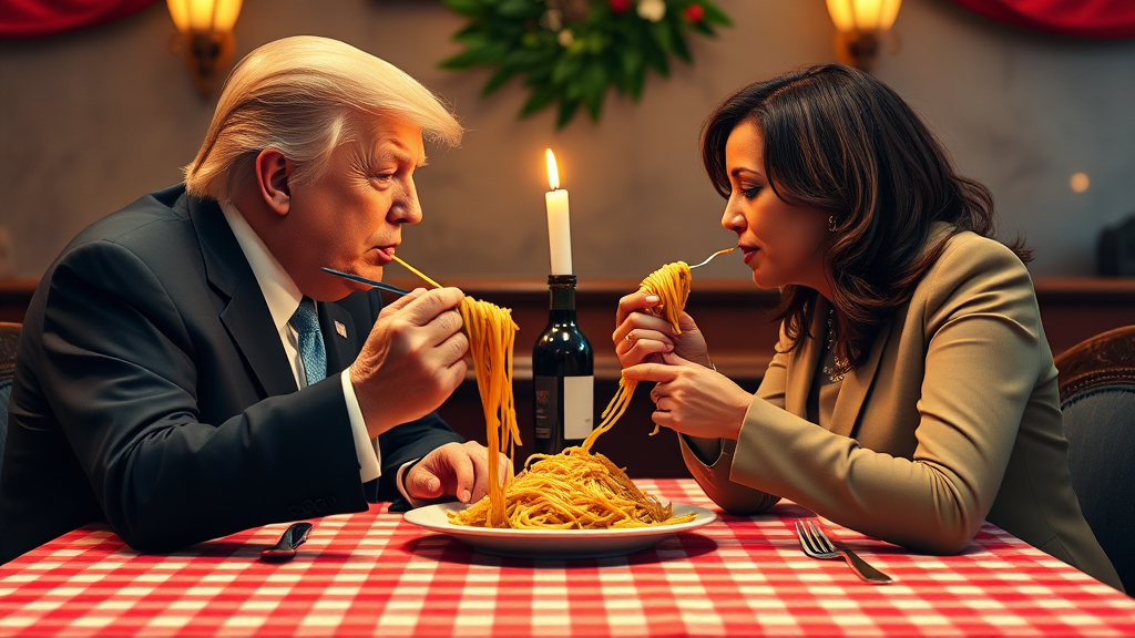 Photoreal style. ratio: 16:9. Donald Trump and Kamala Harris eating in an Italian restaurant a la the one in 'Lady and the Tramp.' Checkered tablecloth, Chianti bottle used as a candle holder. Both humans are eating spaghetti from one shared plate with their hands, and end up eating the same piece of spaghetti, making their heads meet.