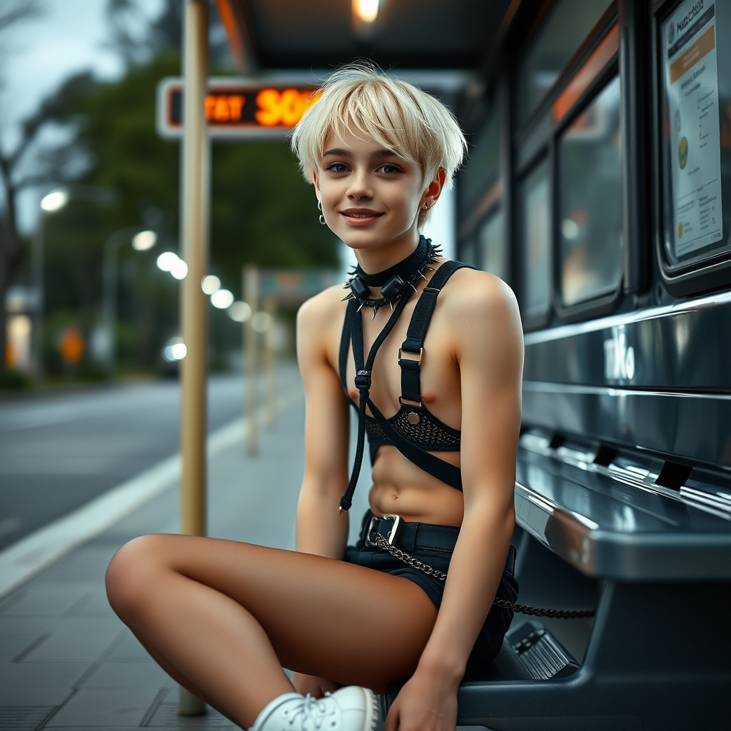 photorealistic, ultra high resolution, 16K, surreal fantasy, studio lighting, a pretty 16 year old goth boy, slim male physique, short blonde hair, goth makeup, earrings, pantyhose, harness, spiky dog collar and leash, trainer-bra, white ballet shoes, sitting at the bus stop, excited smile, facing the camera.