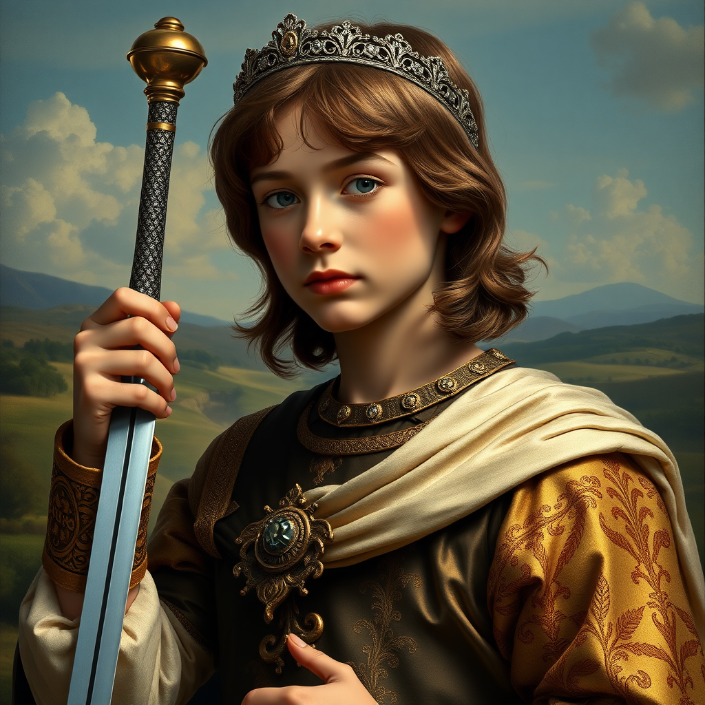 16yo teen boy prince holds his one small sword in a scabbard in his right hand by the hilt, long bob cut, embroidered with gold and diamonds medieval cloths, diamond diadem, and Beautiful War, natural Skin Texture, visualization of embossed Skin using the play of light and shadow. Free style by 50% Adolphe William Bouguereau and 15% Sandro Botticelli and 35% Otto Lomüller, The background is in the style of landscape style by Antonio del Polaiolo. Studio lighting, professional lighting. Generating the signature at the bottom: FluxBach. ultra high resolution, 16K,