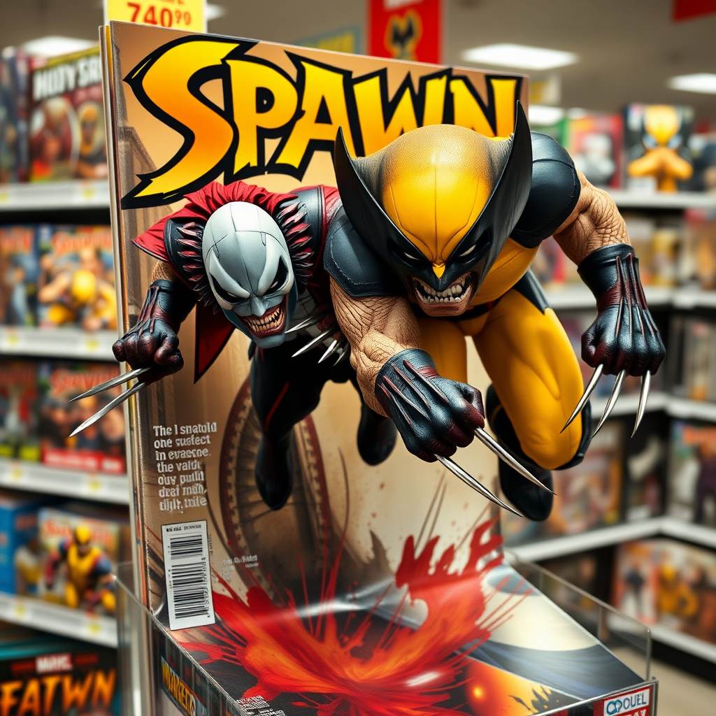 Jumping out of a Comic book cover on a store shelf is Spawn and Wolverine with his perfectly razor sharp claws in Cinematic Real3D photo-realistic quality.