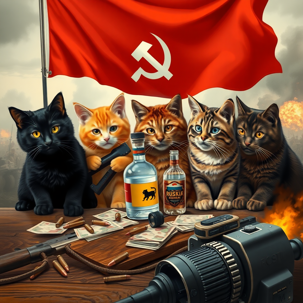 4 chatcatkat, black, orange, dark brown and light brown, communist of the USSR with an AK-47 and vodka and a USSR flag behind a table with bullet casings on it and Russian money and a vintage camera on a battlefield with explosions.