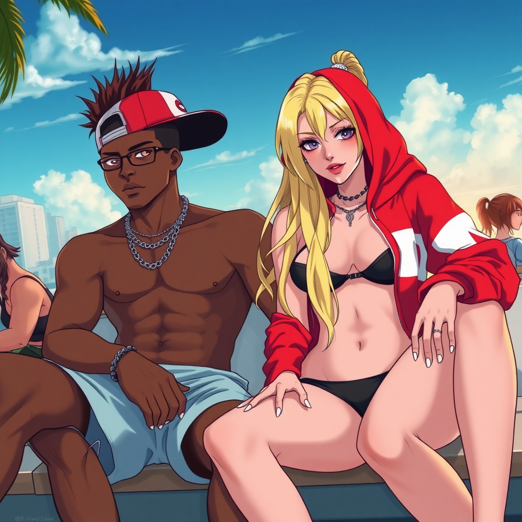 Anime of A 19 year old thug ghetto women, white, long blond hair, wearing nothing but a micro-black bikini and g-string thong under red-white bape hoodie, red-lips, white-nails, down in Miami beach Florida near a city, she is sitting next to a dark-skinned male with dreadlocks right-side, left side to her is a male-latino with brown-fohawk hair with a sideways cap, there is also a latina women with a brown-ponytail (Lucia)