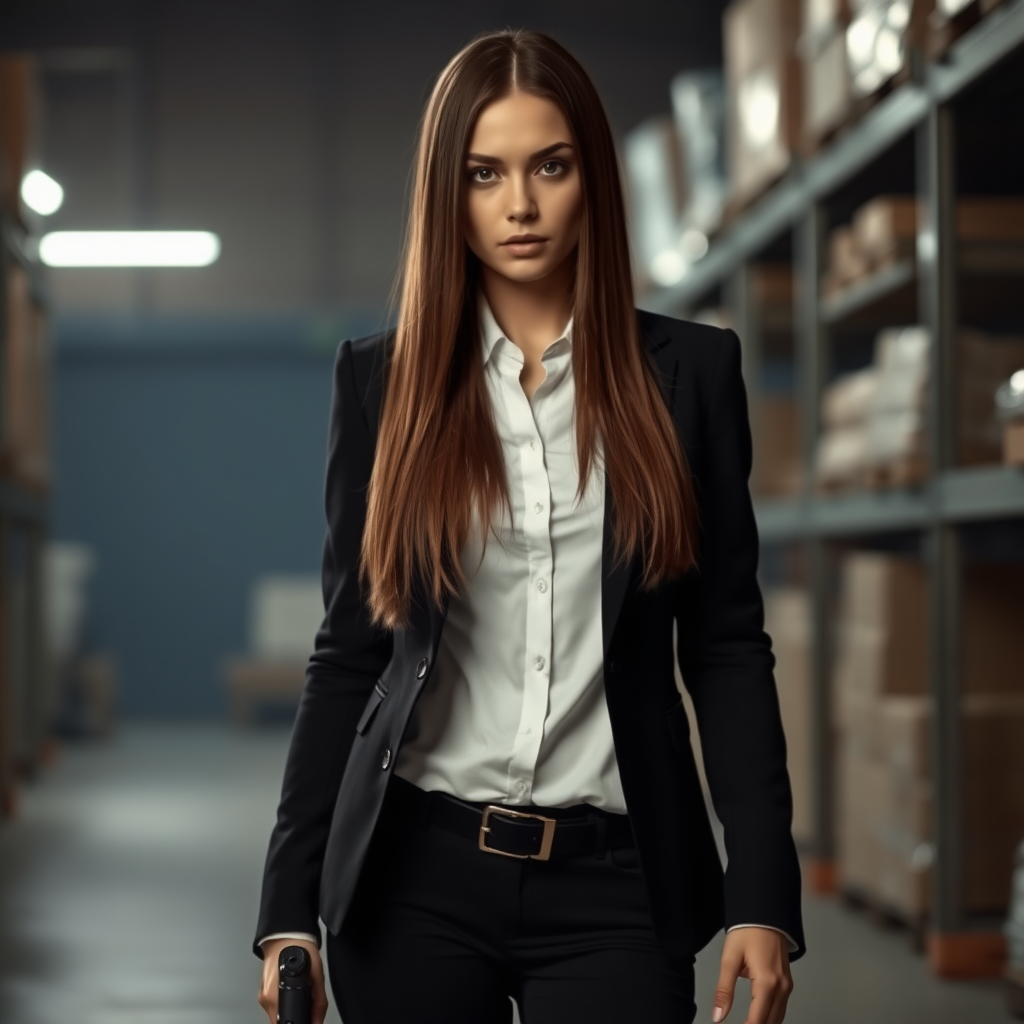 A beautiful straight long haired female burglar in a black blazer over white shirt with black pants in a dark warehouse.