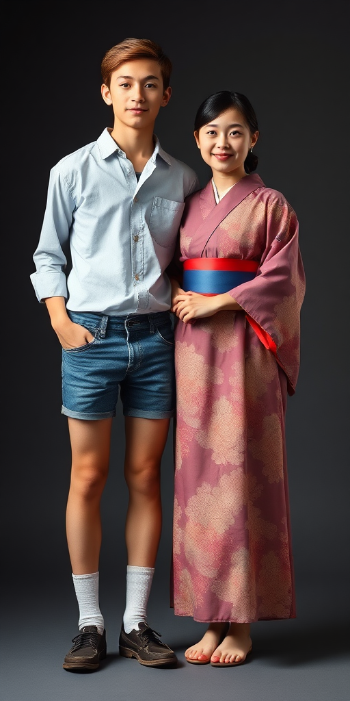 A 14yo teen boy, wearing shirt, denim tight booty shorts, tube socks, shoes, long legs, narrow thighs. With a girl wearing traditional floor long kimono. full-length view. studio background. Family photo. 1980s.  
photorealistic, ultra high resolution, 16K,  
Negative: grainy, blurry, bad anatomy, extra limbs, watermark.