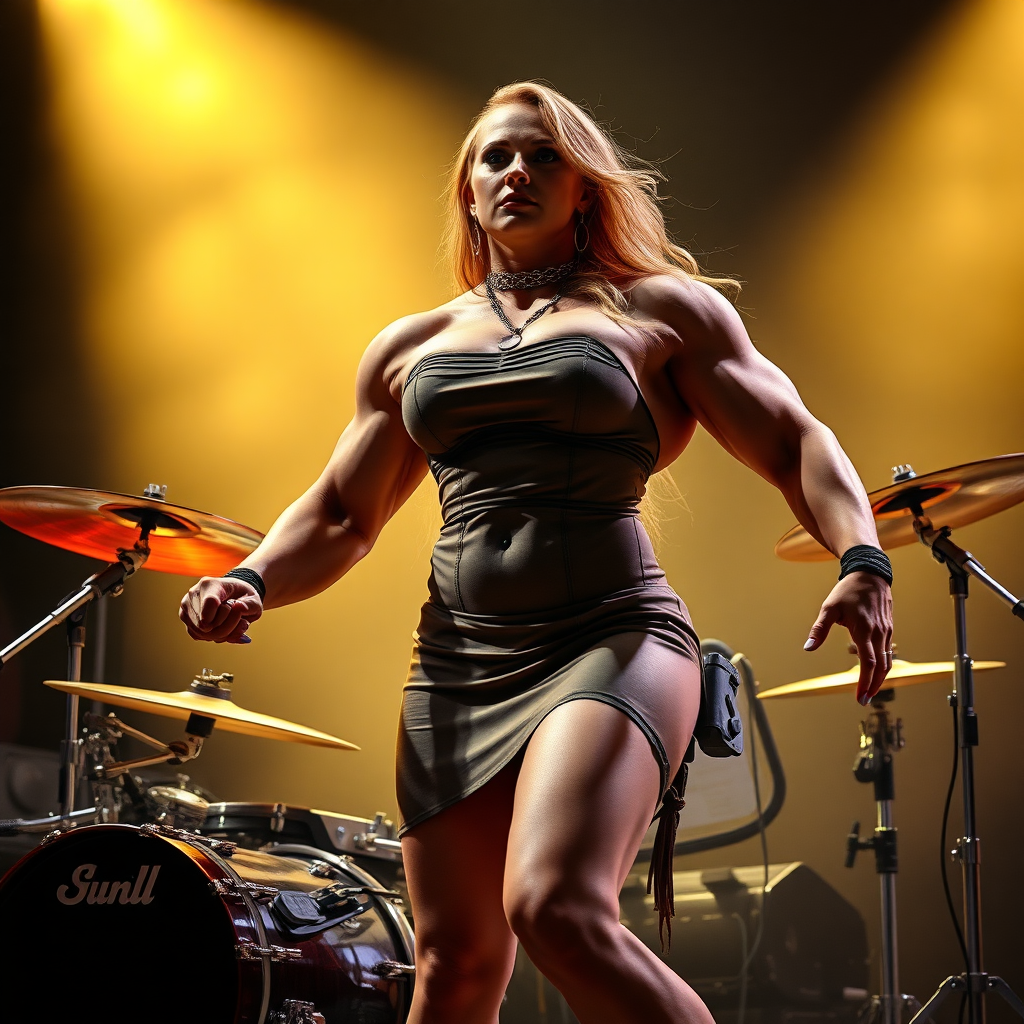 jacked massive huge bodybuilder girl, strapless dress, rock drummer