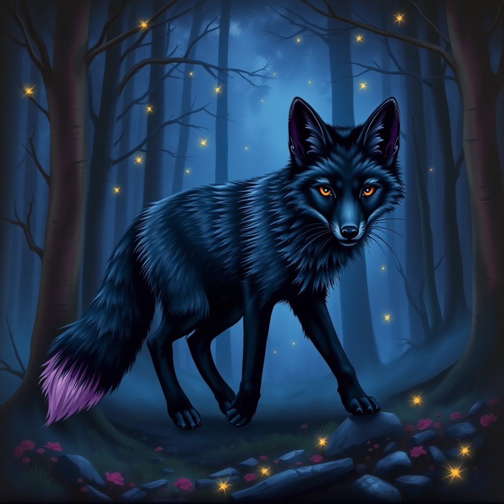 A detailed and intricate oil painting of a black fox with deep purple eyes and tail tip, the fox is walking through a misty dark forest at night with fireflies, stars, trees, fox, and more.