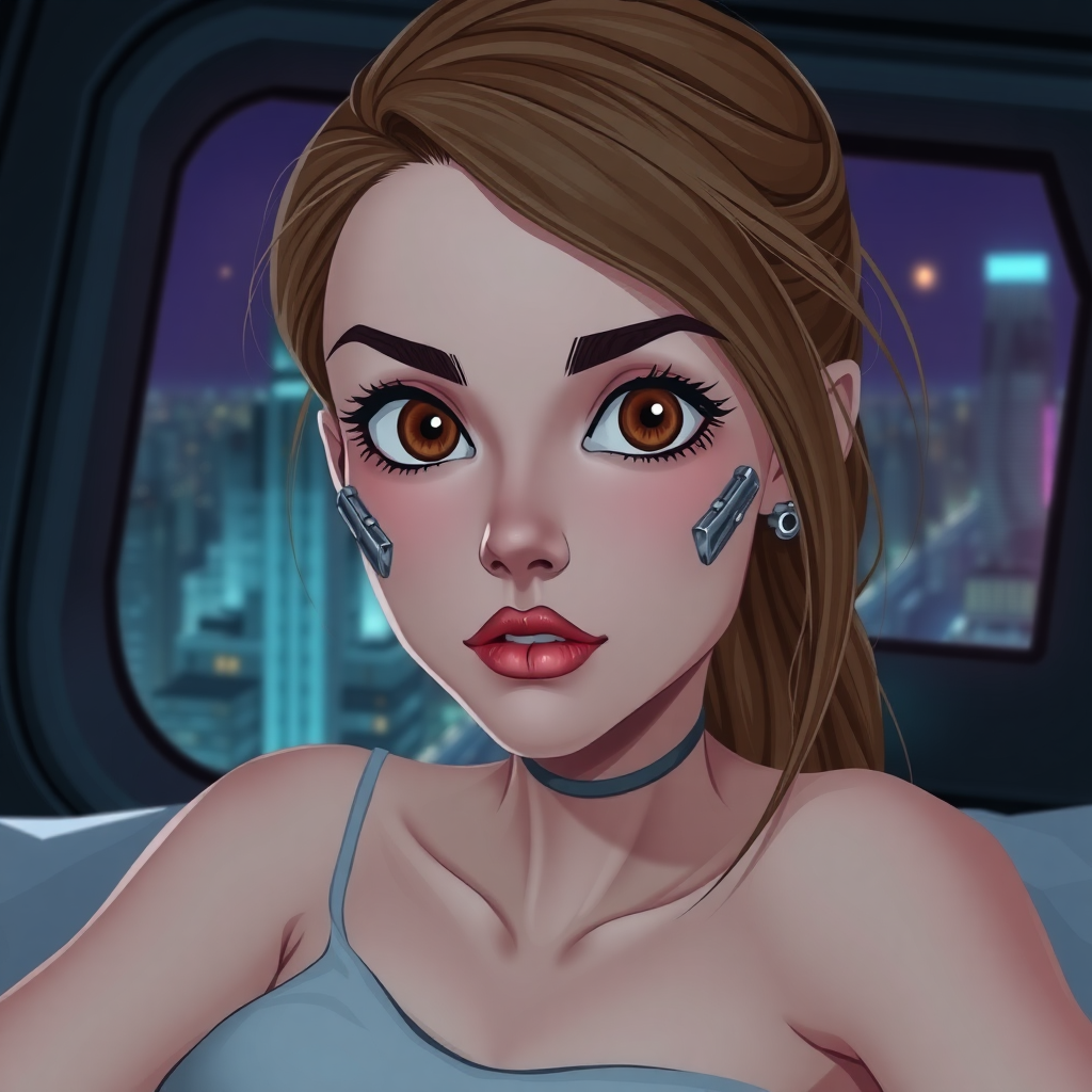 20 year old woman, pale skin, big brown eyes, brown hair blond highlights underneath, cybernetic implants, symmetrical metal lines on face, laying on a bed, window view of a futuristic high rise cityscape, dim neon lighting, 2.5D cartoon style