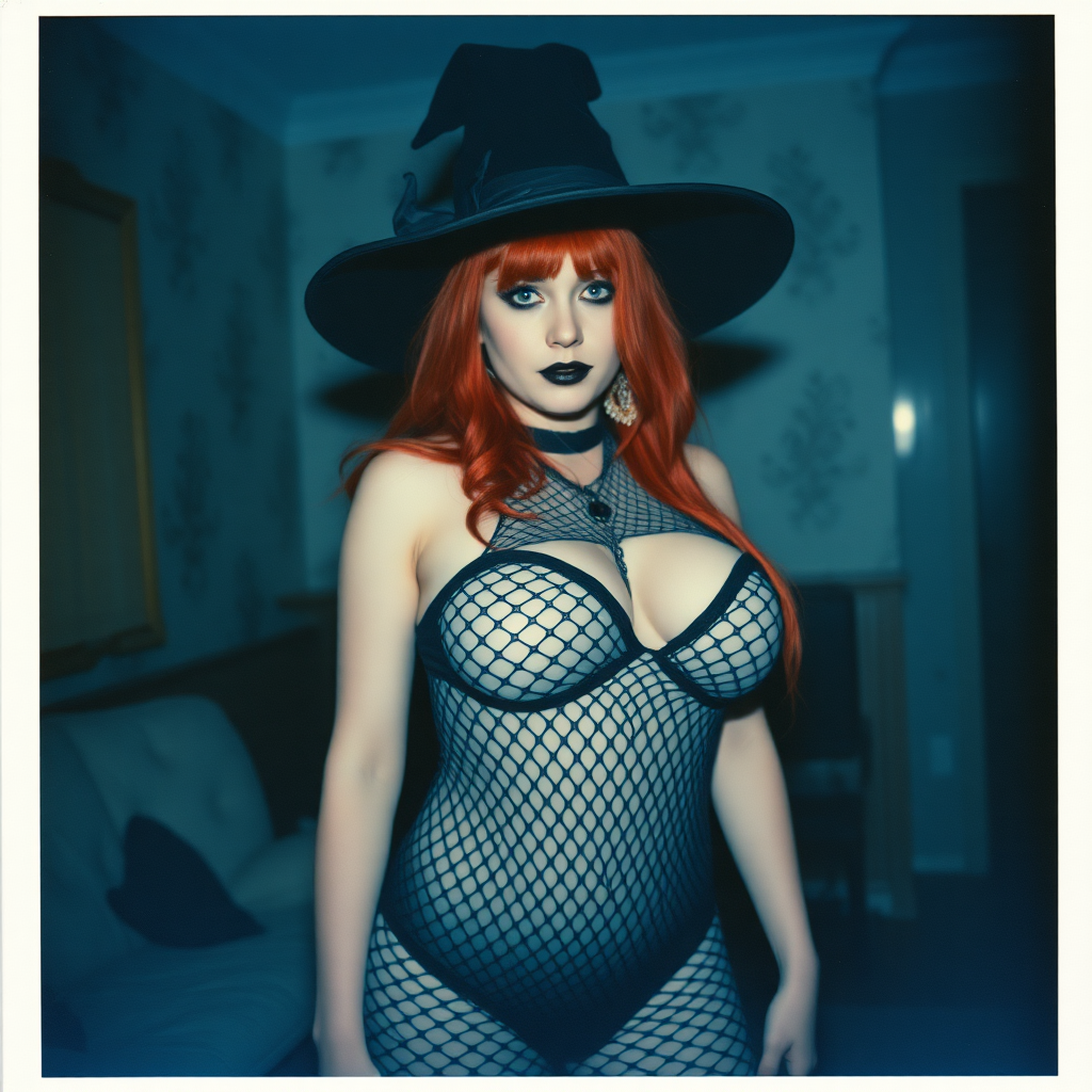 Scan of an old polaroid photo with heavy dark vignetting and a blue color tint to the photograph and visible light leaks. The photo depicts a sexy alt goth girl with pale skin and red hair. She has a plump booty. She has large breasts with ample cleavage and is wearing a black fishnet bodysuit. She is wearing a witch hat. The image looks hazy and grungy. She is in an old house with wallpaper on the walls. Dark lighting with camera flash used. Candid