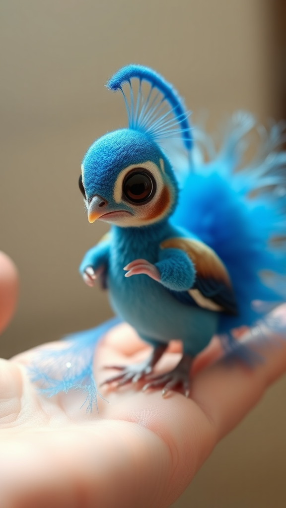 A small tiny cute chubby big eyes big perfect tail real blue dancing peacock with tail on hand