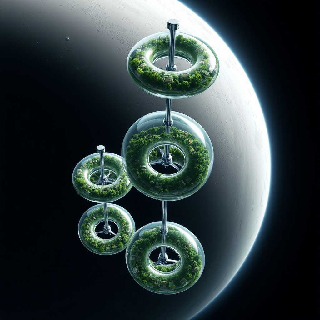 Three space stations orbiting a grey planet. Each station is 5 glass doughnuts stacked in a column with a rod connecting through the center of each hole. There are 3 stations like this, each with 5 stacked glass doughnuts. Each glass doughnut is full of plants, trees, and greenery, and contains hundreds of houses in neighborhoods.