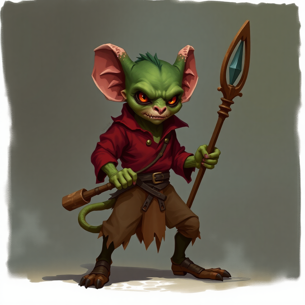 A small, skinny kobold in a tattered red tunic and dirty brown pants holding a staff in a threatening manner.