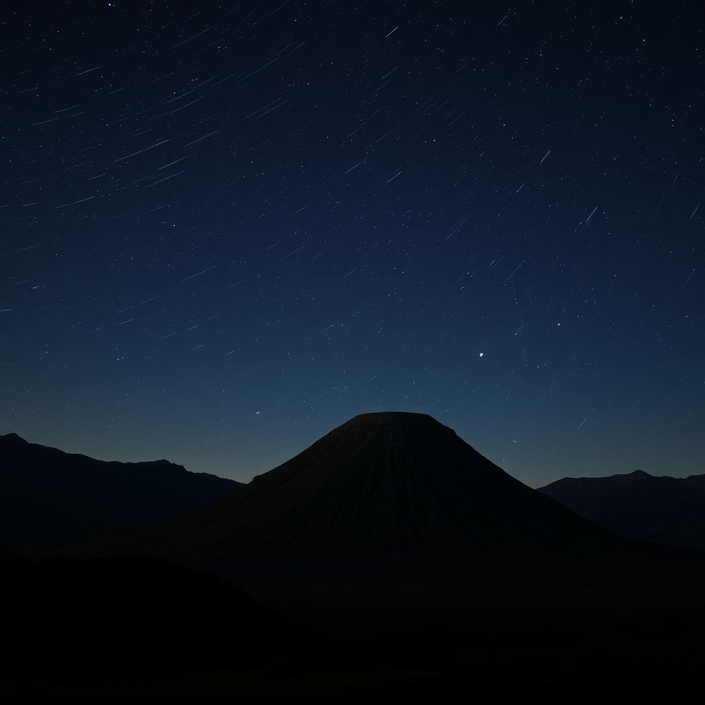 semi-dark sky with many stars, big and small, area with surrounding high hills and a large conical hill with vegetation