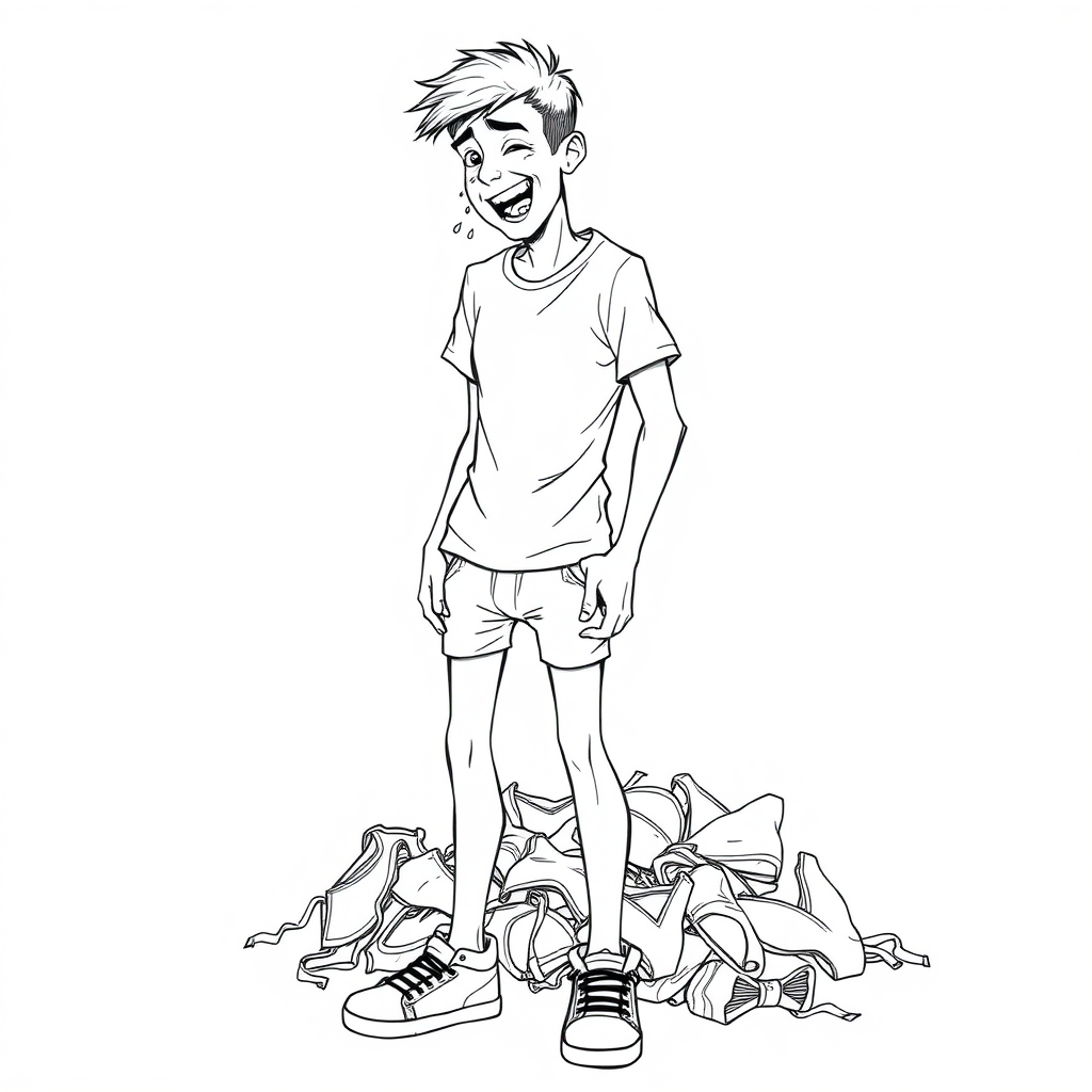 nervous short 20 year old european skinny man, short white t-shirt, standing, stunned, mesmerized, joyful, aroused, heavy drooling, heavy sweating, fumbling through a small heap of smelly dirty woman worn bras and panties, detailed fabric, side view, sneakers, detailed feet, 2D, caricature, cartoon, Sketch lines, coloring book, coloring book, colorfoul image