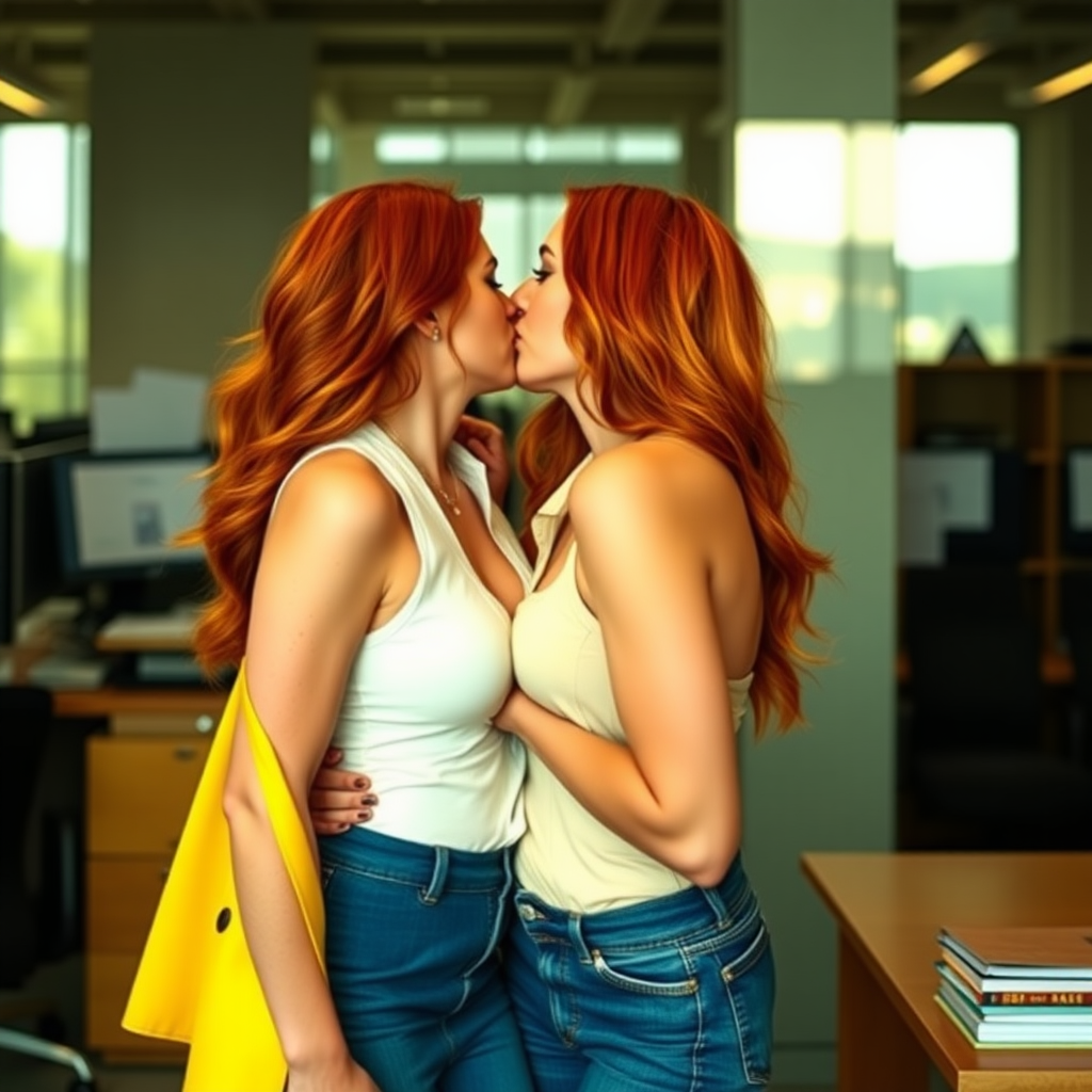 two attractive redhead busty women kissing passionately in the office