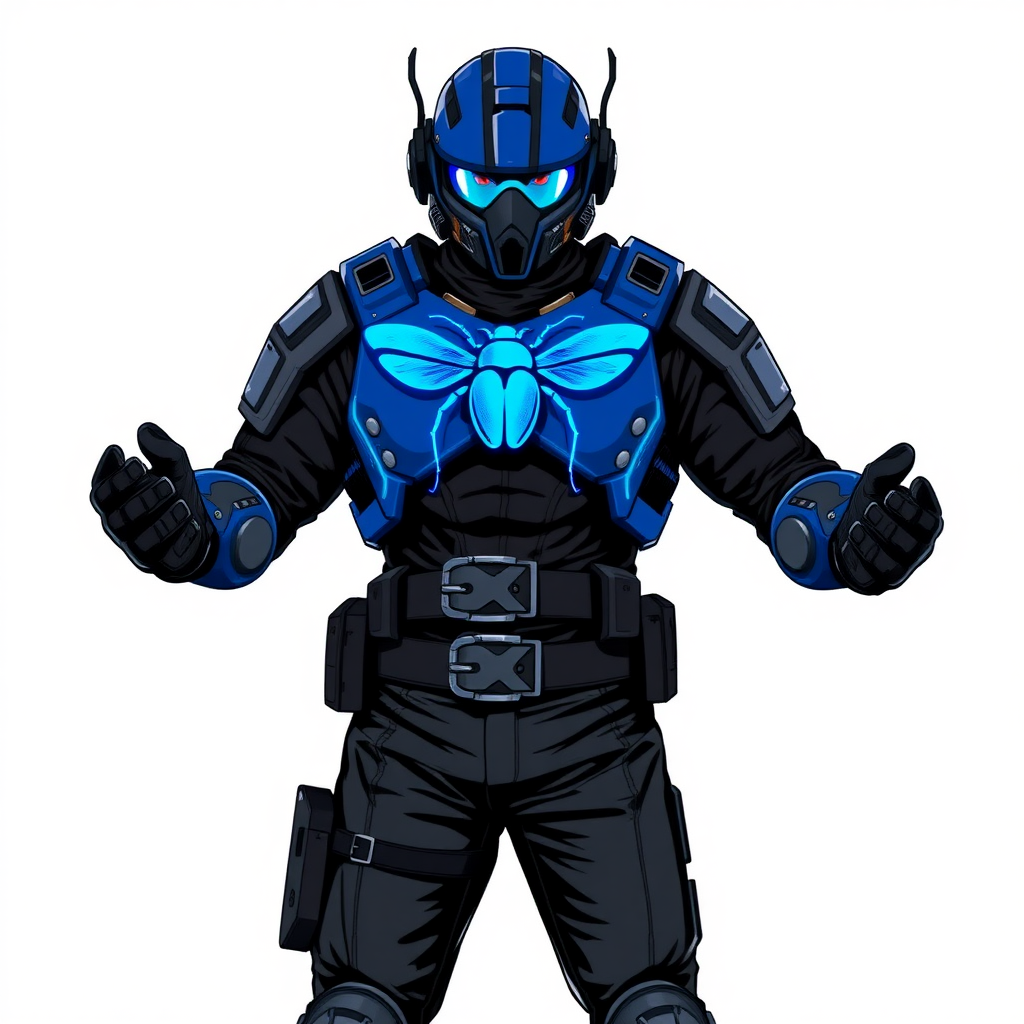 A 28-year-old cyberpunk vigilante stands heroically, clad in hi-tech, maximum blue tactical armor featuring a neon blue beetle on the chest. He wears black biker pants, a black belt with a sapphire beetle buckle, and a helmet resembling a sleek, tactical design, but colored maximum blue with neon blue lenses. Their hands are protected by black hi-tech gloves, all set against a solid white background. He is drawn as if he was in a retro 2D cyberpunk fighting game.