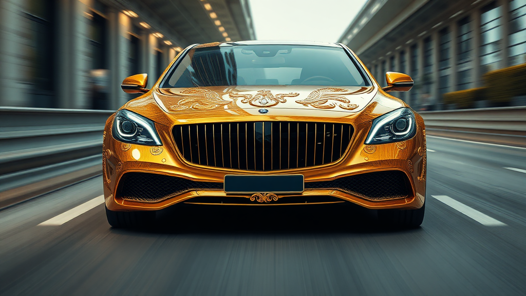 futuristic maybach sedan , A luxurious, gold-plated car adorned with intricate, ornate designs and carvings. The vehicle features prominent headlights and a distinctive front grille, showcasing a fusion of elegance and extravagance. road motion blur