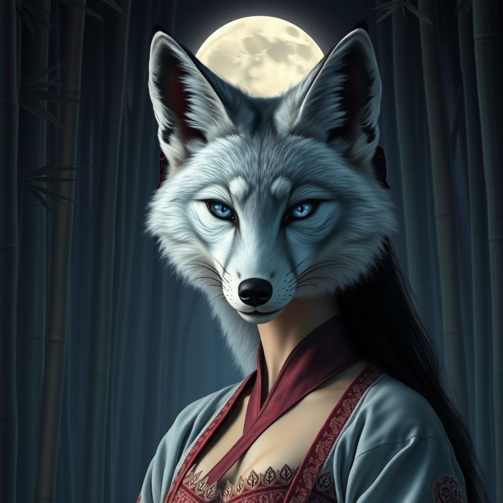 a scary look silver nine-tail-fox with blue eyes and the face of an Korean woman, dressed in a hanbok with one nude breast to see, in front the full moon in a bamboo forest