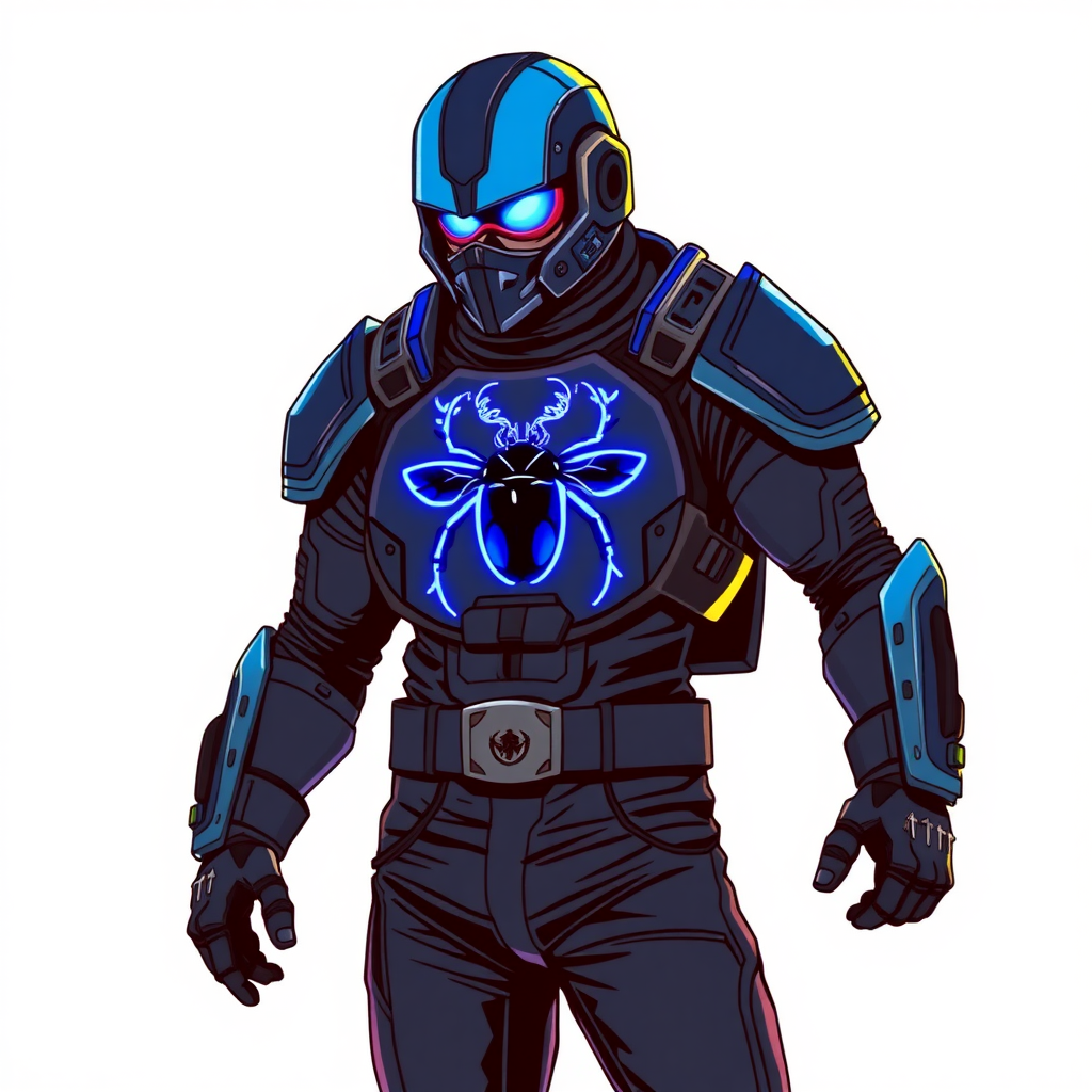 A 28-year-old cyberpunk vigilante stands heroically, clad in high-tech, maximum blue body armor featuring a neon blue glowing beetle on the chest. They wear black biker pants, a black belt with a sapphire beetle buckle, and a head covering helmet resembling a sleek, tactical design, but colored maximum blue with neon blue glowing lenses. Their hands are protected by black metal gloves, all set against a solid white background. He is drawn as if he was in a retro 2D cyberpunk fighting game.