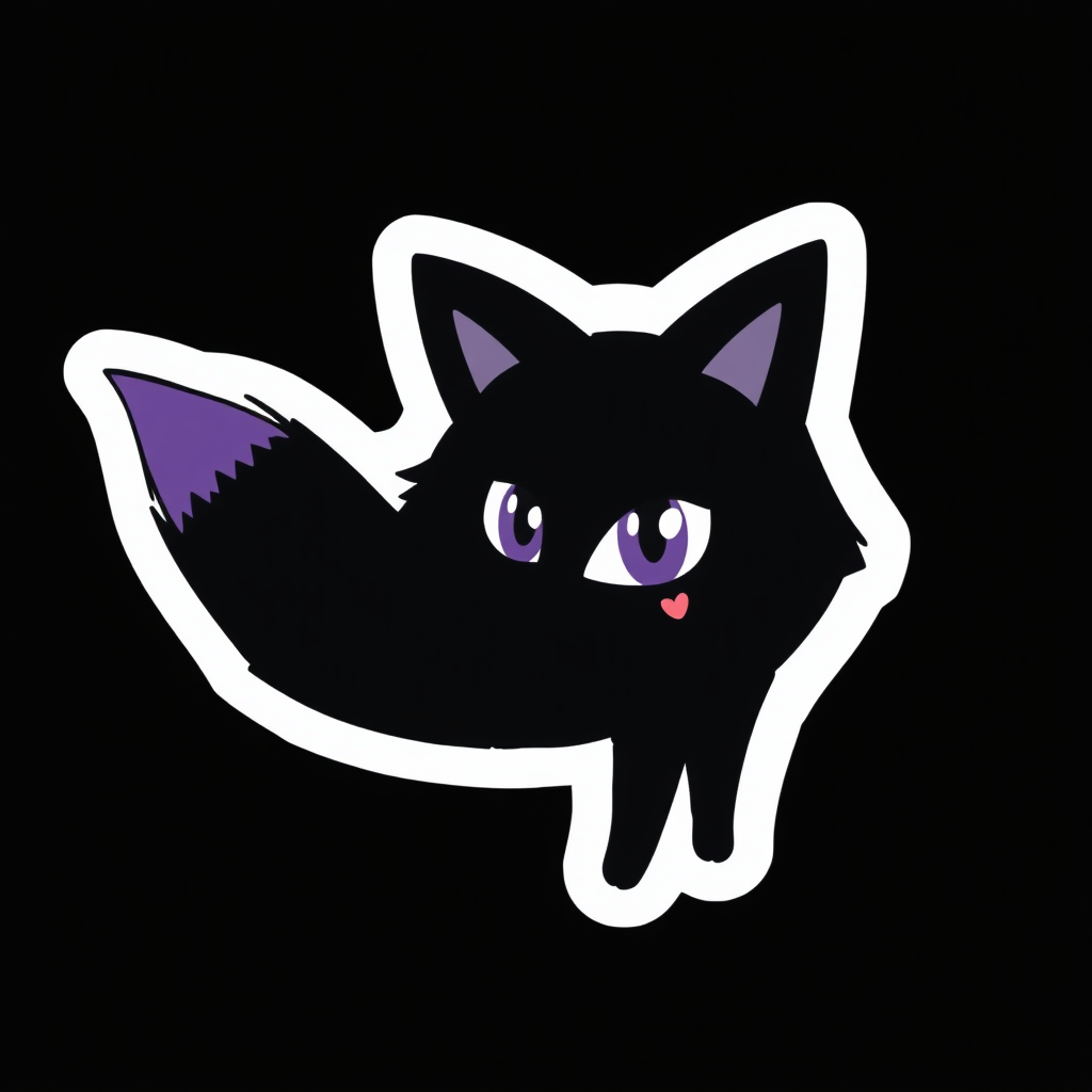 A sticker of a hand drawn black fox with purple eyes and tail tip. Simple black background