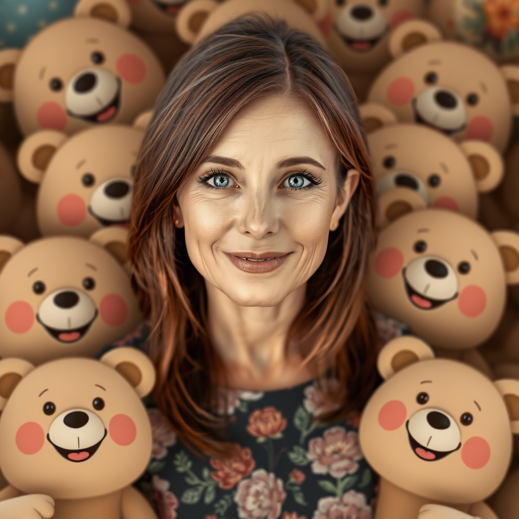 middle-aged woman, brown hair, blue eyes, slim, small, wearing a flower-pattern dress, surrounded by happy bears.