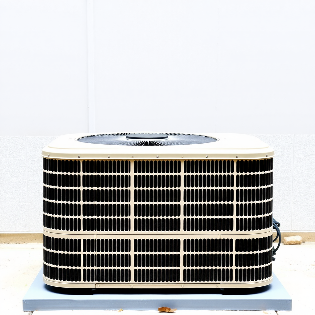 A simple, high-resolution, realistic image of a standard residential outdoor air conditioning unit or condenser. The unit should be placed on a flat surface, such as a concrete pad. The unit should be a neutral color like white, beige, or gray. The image should have a plain, uncluttered background to serve as a generic stock photo. No text.