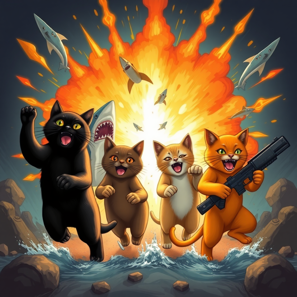 1 black cat, 1 dark brown cat, 1 light brown cat, and 1 orange cat coming out of an explosion with sharks and weapons.