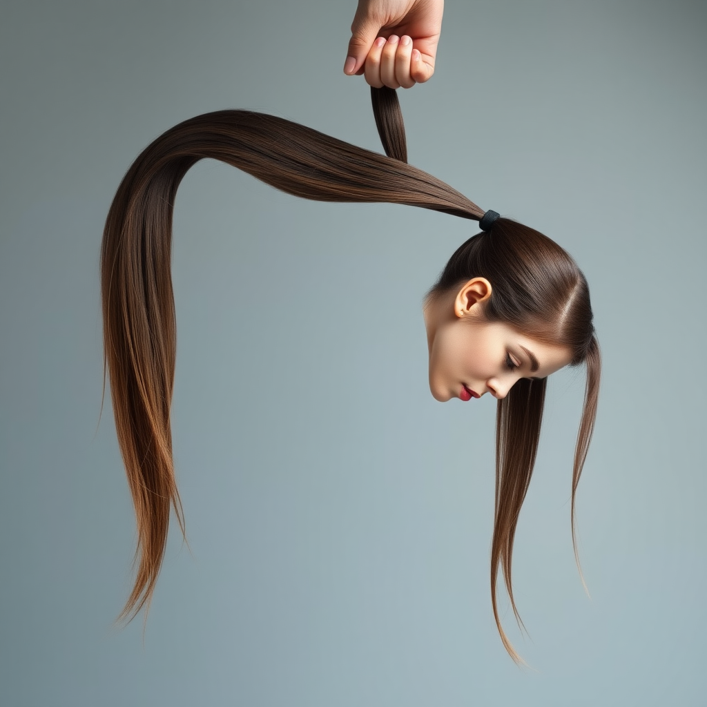 Surreal image of a very long haired woman's beautiful disembodied head hanging by her very long hair. Her very long hair is gathered at the top of her head into a long ponytail that stretches upward into a grasped hand. Plain gray background.