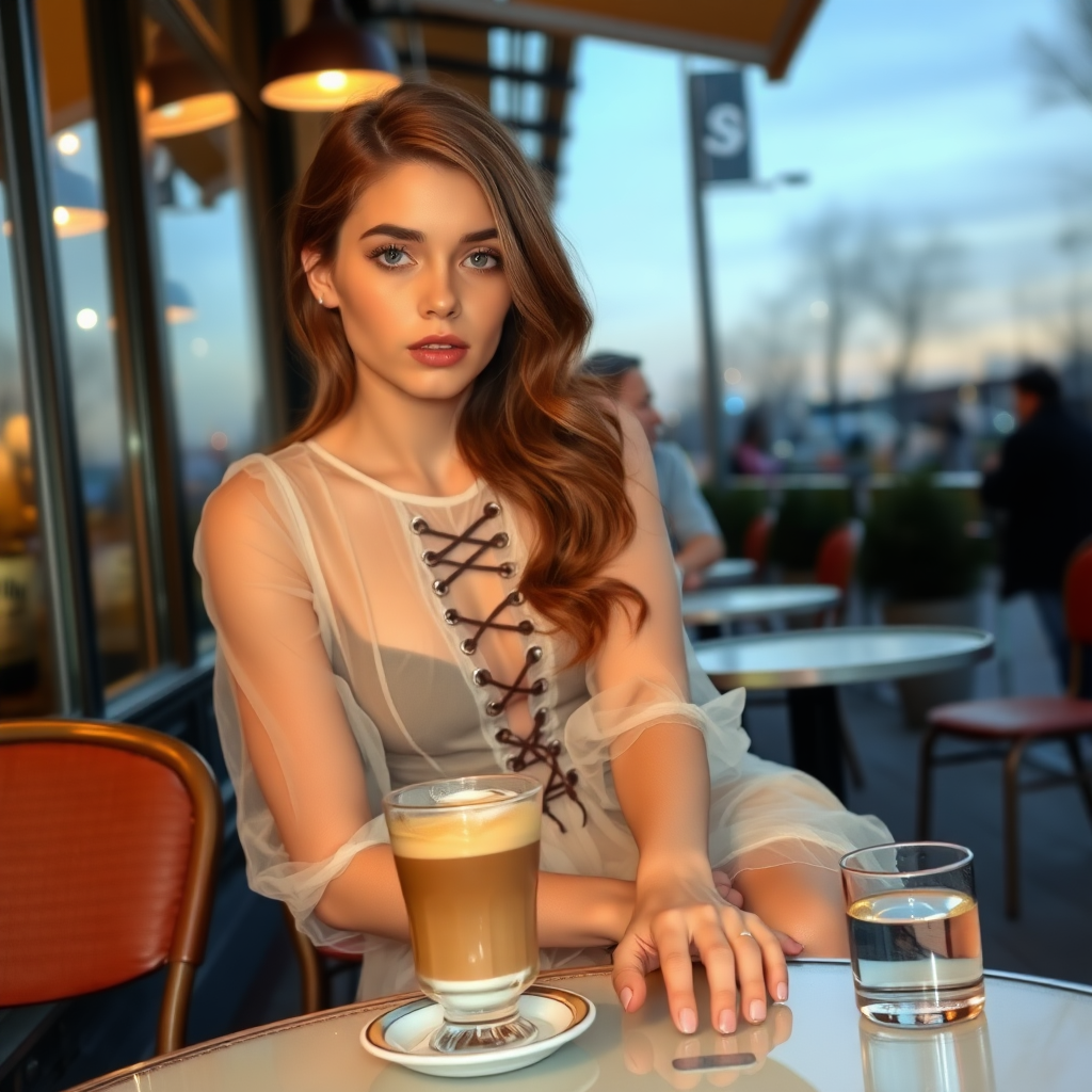 A young woman with brunette hair and pale blue eyes, wearing a translucent dress and lace-up high heels, is sitting in front of a café at a table. A cup of steaming coffee and a small glass of water are on the table. She has an interested look. It's late evening. Photo.