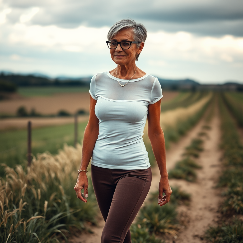 sexy Woman, 45 Years old, European, Latina, sharp aquiline nose, wrinkles, high cheekbones, Middle Eastern, Skinny, Tanned skin, Dark light skin, Makeup, Serious face, frowning, smiling, jewelry, Ash dark grey hair, bowl haircut, Slicked short hair, Short hair, black eye color, Glasses, detailed features, tight white sheer t-shirt, bra line, brown tight leggings, long legs, high heels sandals, round ass, walking in the countryside, full body, long establishing shot, side back view