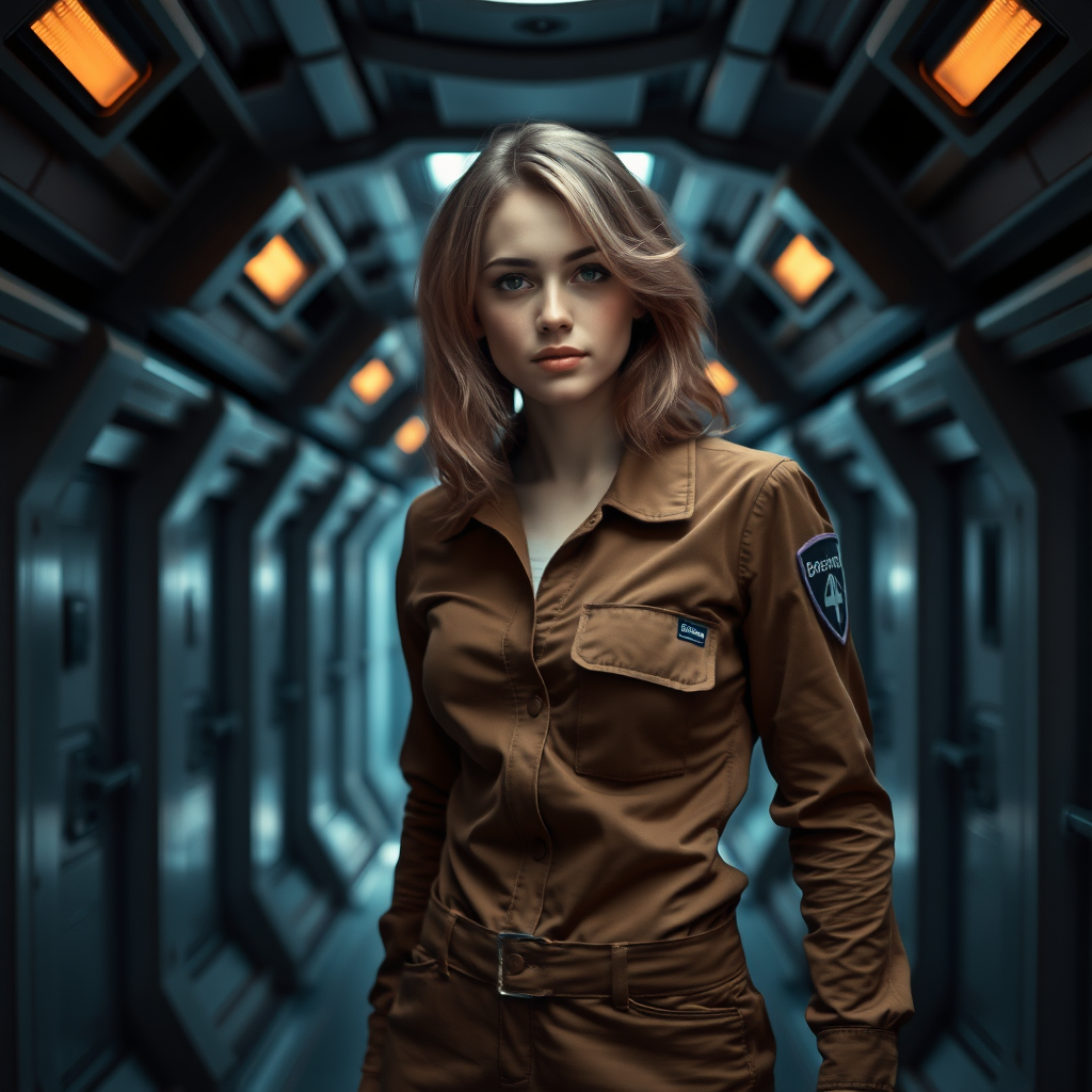 A twenty something female like Ana de Armas, athletic, medium length wild strawberry blond hair, in a brown jumpsuit standing in a dimly lit hallway of a spaceship with a uniform name tag sewn on her left chest pocket that says "Benaenae."