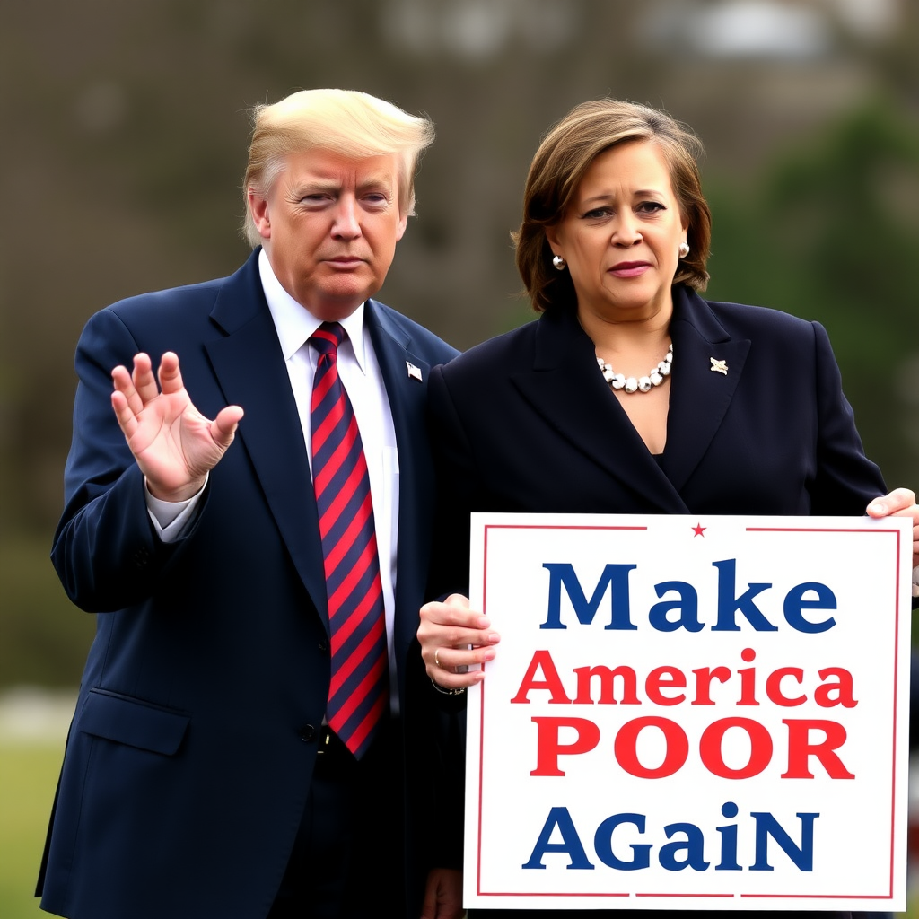 Kamala Harris and Donald Trump together holding a sign with text "Make America Poor Again."