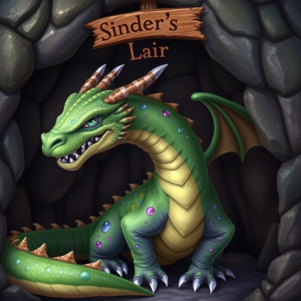 A photo realistic green dragon with rainbow sparkly spots and purple skin and eyes but no horns in a dragon cave with a sign above it that says "Sinder's Lair"