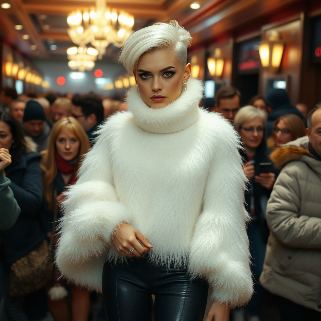 1990 winter evening, crowded cinema lobby: Sam, 19 years old beautiful involuntary femboy, rebellious intractable character, petite boyish figure, platinum blond boyish rebel punk hairstyle, flawless heavily made-up face with sharp arched tattooed eyebrows, wearing Supertanya-style fluffy very fuzzy bright white angora thigh-length turtleneck-poncho fully covering body and arms, silver-glitter leggings, black leather high-heeled pumps, silver earrings, puzzled alarmed, pout serious, impatiently waiting for her master. Full view, focus on Sam’s face and turtleneck-poncho.